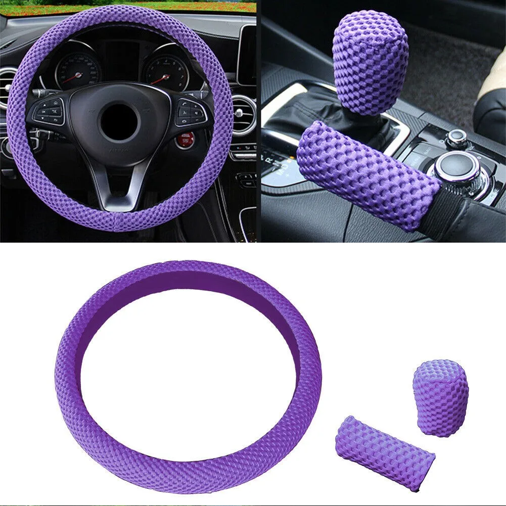 

3PCS Car Steering Wheel + Handbrake Sleeve Cover + Gear Shift Cover Purple Interior Accessories Breathable And Sweat-absorbing