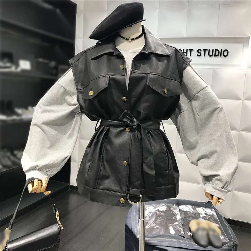 Женский Байкерский жилет черный из искусственной кожи на кнопках без рукавов