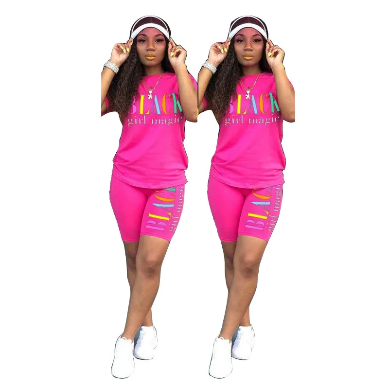

European and American Women's Alphabet Shorts Green Kahki Blue Hot Pink Two-piece Set of Fashion Casual Suit