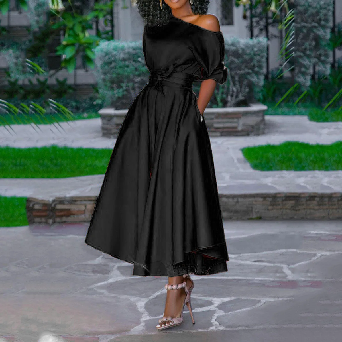 

2021 New Elegant Lace Up Waist Long Dress Women One Shoulder Sexy Fashion High Waist Robe Ladies Big Swing Casual Dresses Ladies