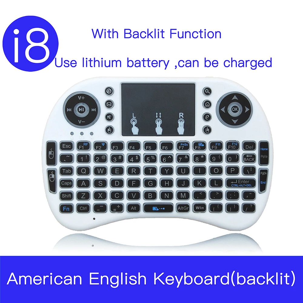 Use lithium Battery I8 английская Радужная подсветка 2,4G мини беспроводная клавиатура с сенсорной панелью мышь для Google Android ТВ коробка, мини ПК, ноутбук azerty - Цвет: Use lithium Battery