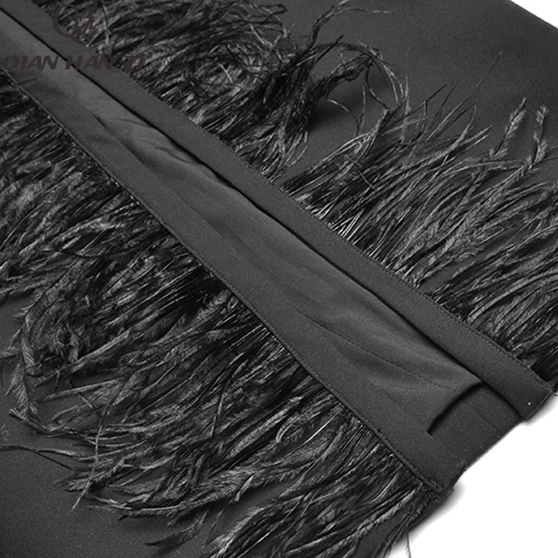 

Qian Han Zi runway Maxi dress Women's V-Neck High Quality black Feather Sexy Bodycon Long Dress vestidos de fiesta de noche