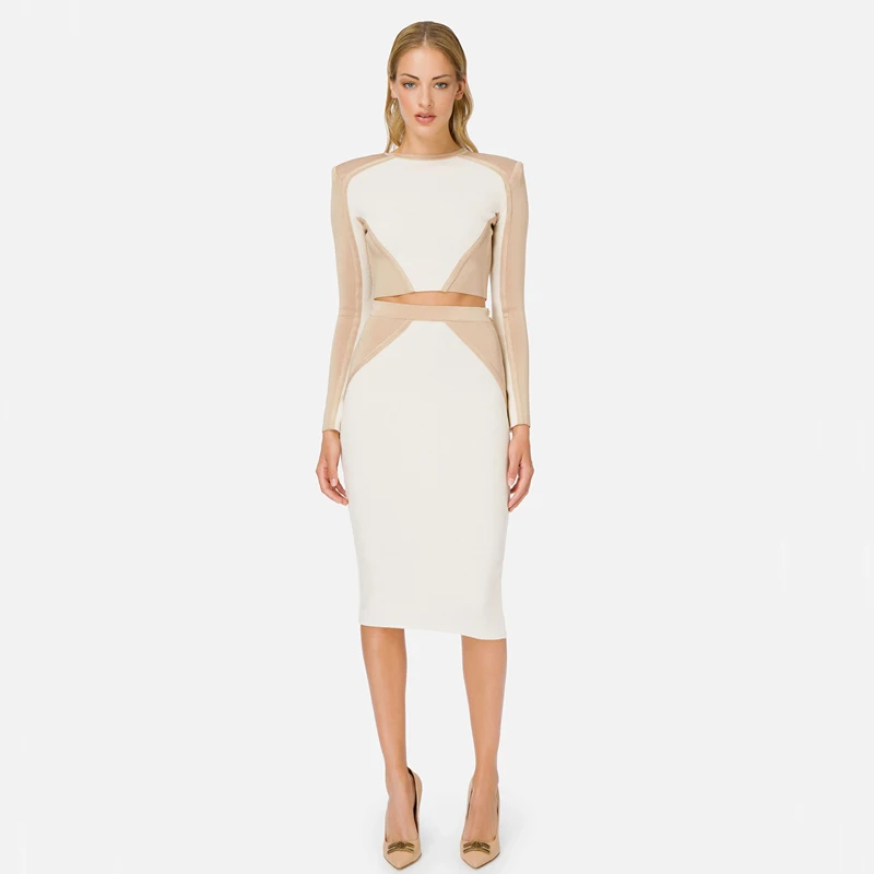 

Free Shipping wholesale New Ladies Suits Beige white Mixed Color Bandage Top&skirt Fashion Cocktail Party Two Piece Set Dress