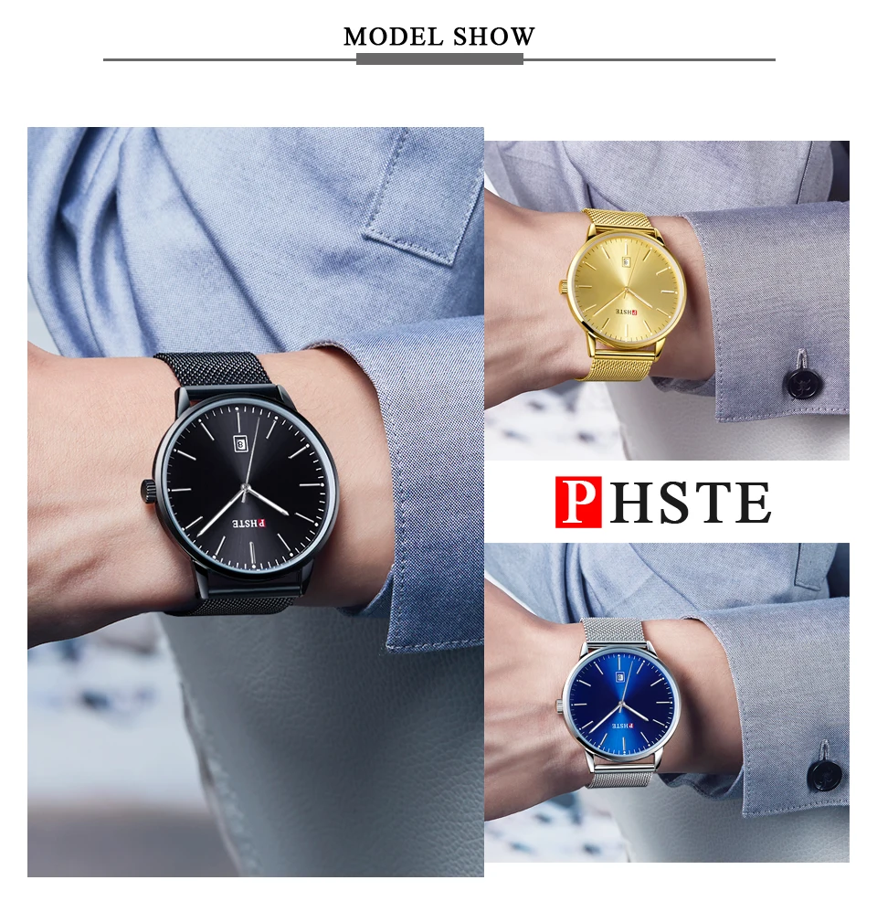 PHSTE Men Quartz Watch Japan Movt Luminous Date Thin Clock Waterproof Black Steel Mesh Luxury Male Wrist Watch Relogio Masculino