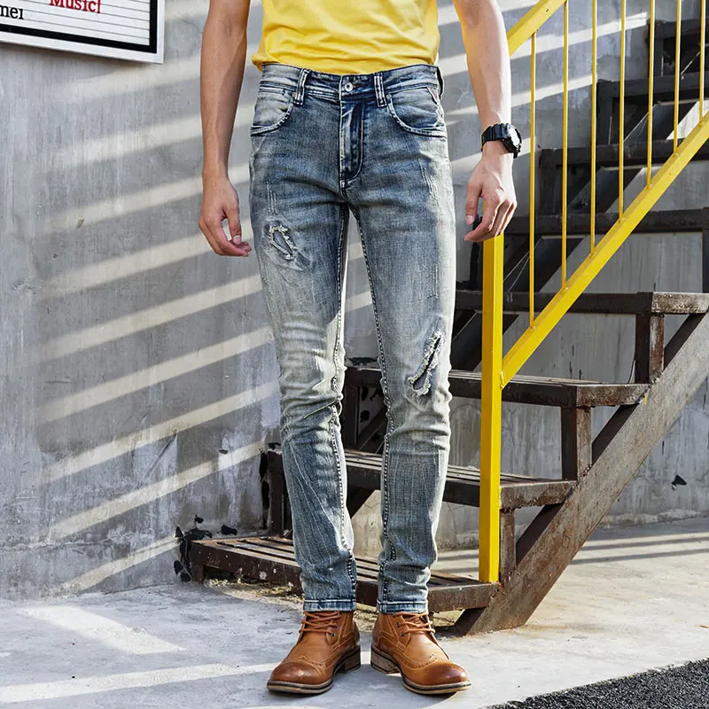 Italian Style Fashion Men Jeans Retro Blue Elastic Cotton Slim Fit Ripped Jeans Men Streetwear Vintage Designer Denim Punk Pants