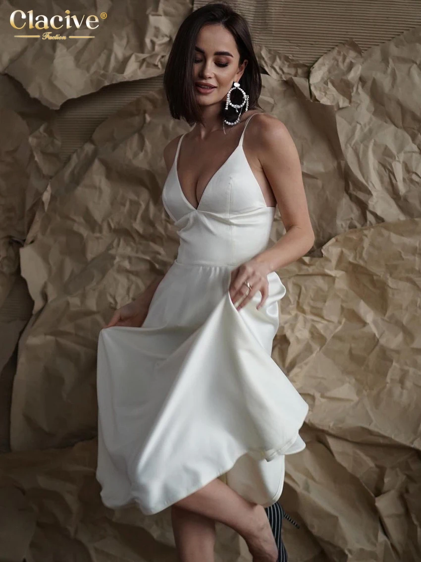

Clacive Sexy V-Neck White Dress Woman Summer Strap Sleeveless Backless Midi Dress Ladies Bodycon Satin Classic Party Dresses