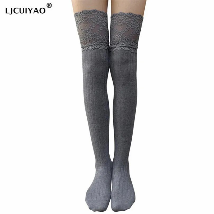 LJCUIYAO Новые Модные Полосатые чулки до бедра женские белые кружевные хлопковые