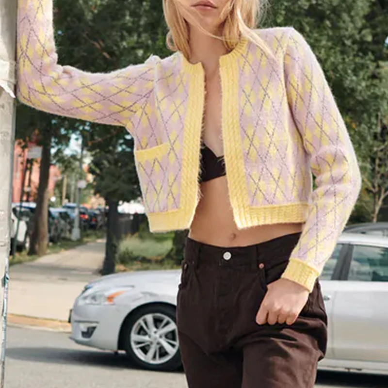 

KUMSVAG Women Autumn Casual Argyle Plaid Cardigan Sweaters 2021 ZA Knitting Open Stitch Female Elegant Sweet Sweater Outerwear