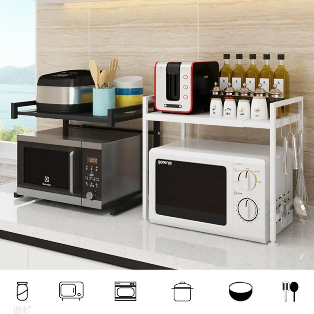 

White/Black Metal Microwave Shelf Kitchen Spice Organizer Storage Multi Function Stand Two Layers Dish Space Saving Rack