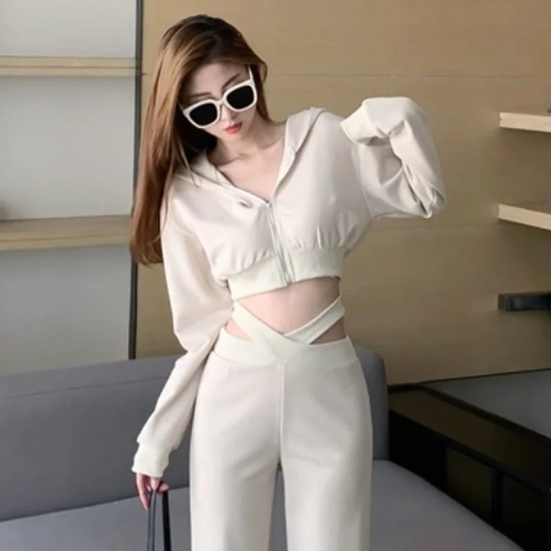 

Women Outfits Short Hooded Top and Wide Leg Pants 2 Piece Set Autumn Fashion Matching Sexy Sweet Casual Luxury Vintage Clothing