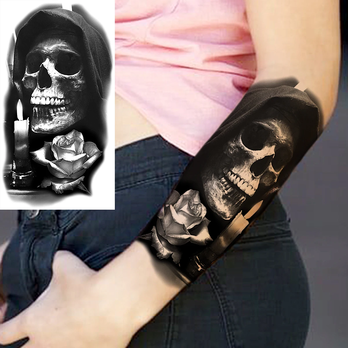 Временные татуировки для женщин и мужчин Имитация черного черепа розы цветка