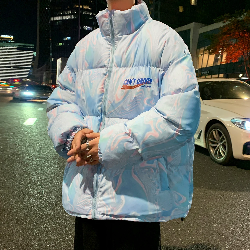 Water Pattern and Letter Print Puffer Jackets for Mens Winter Warm Clothing Plus Size Harajuku Streetwear Loose Fit Bubble Coats | Мужская