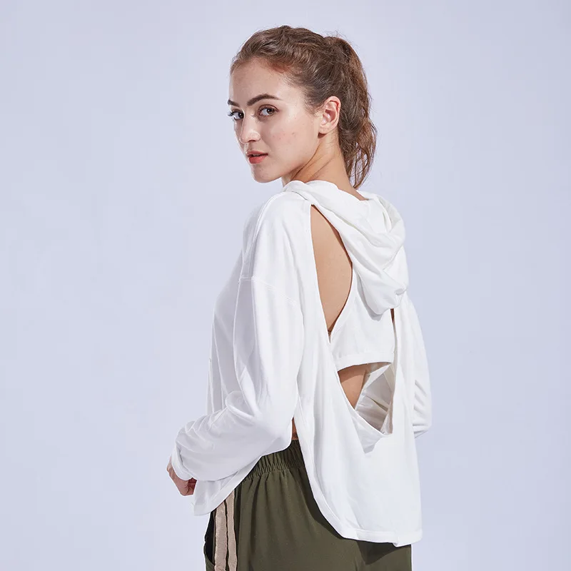 

Новая одежда для йоги, повседневный топ с открытой спиной, однотонная спортивная одежда, блузка с капюшоном и длинными рукавами