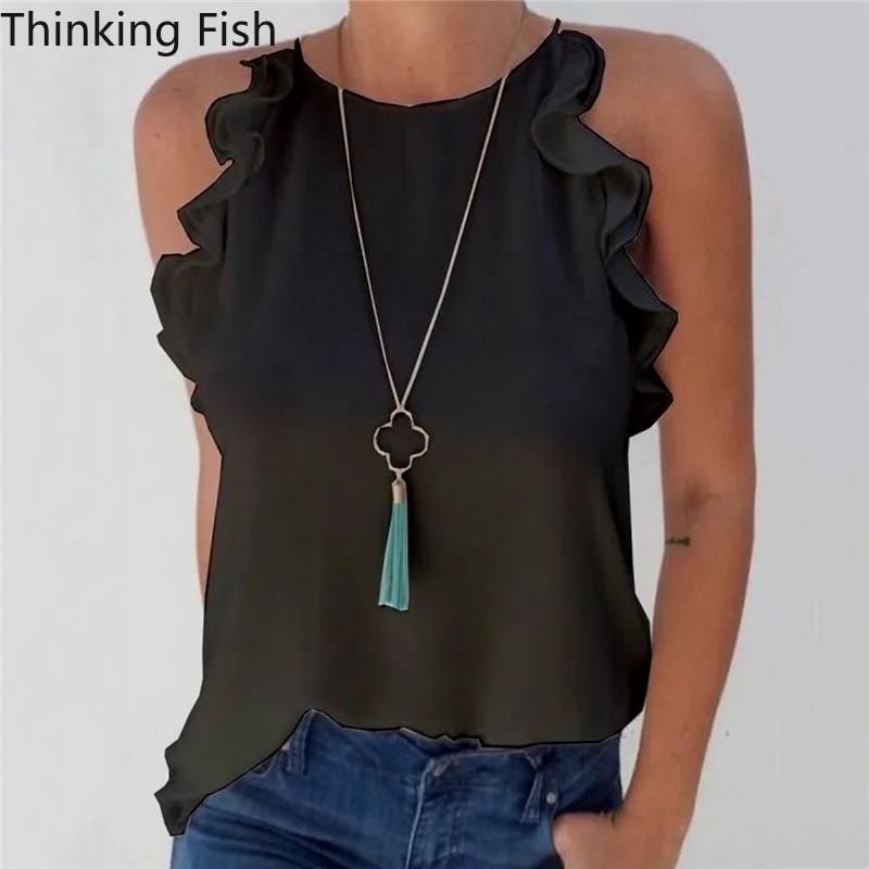 

Summer Female Leisure Shirt Shoulder Chiffon Blouse Sweet Lotus Leaf Edge Ark Crew Neck Blouses Shirt S - 2 Xl Size Tops