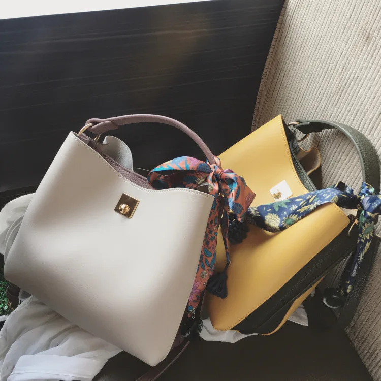 

fashion panelled women handbags designer wide strap shoulder bags luxury pu leather crossbody bag scarves bucket bag large purse