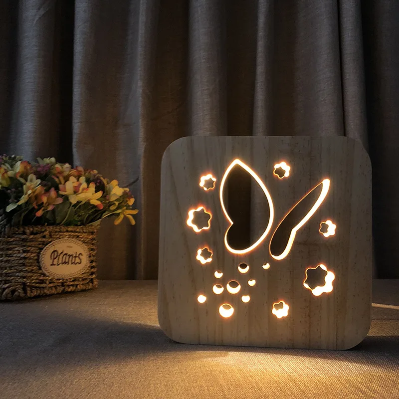 Solid Wood Carving Animal Wooden Night Light Butterfly Creative Table Lamp Christmas Gift Christmas Lights Indoor Fairy Lights