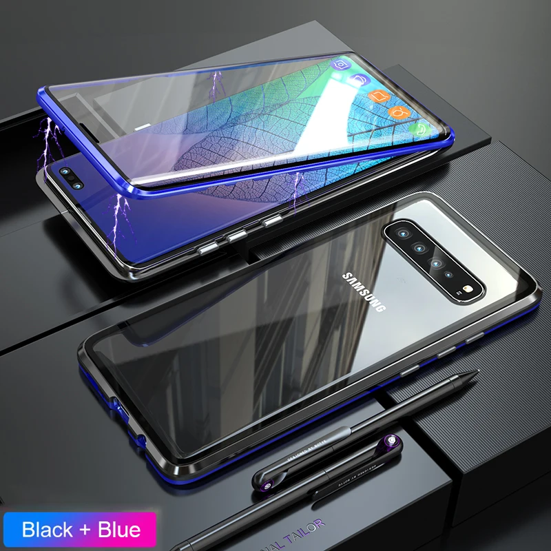 360 полностью металлический флип-чехол для samsung Galaxy S10E, Магнитный чехол, переднее и заднее закаленное стекло, samsung S10E Galaxy ys10e, чехол - Цвет: Black Blue  2 Glass