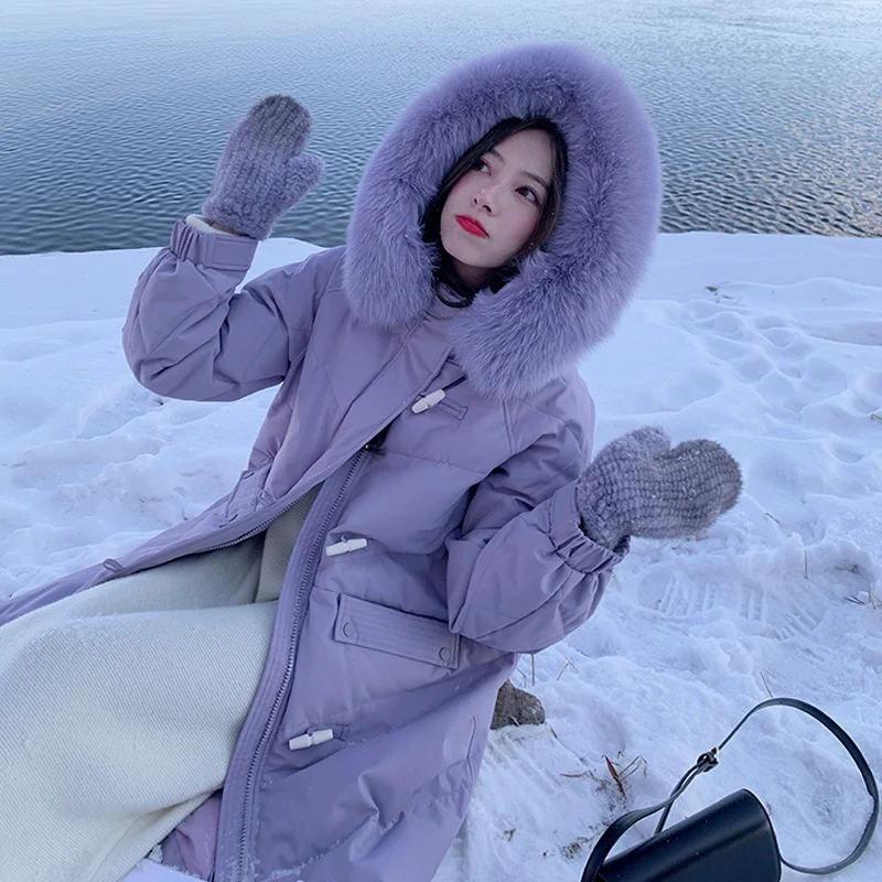 

2021 new horn buckle winter jacket ladies warm and thick down pure cotton large fur collar long parka coat women loose jacket
