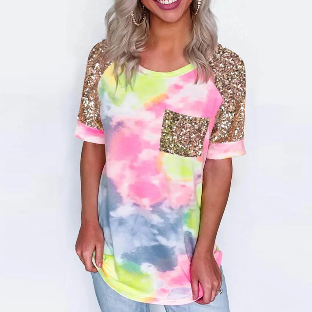 Летняя женская футболка с карманом Повседневная галстуком-краской/камуфляжной