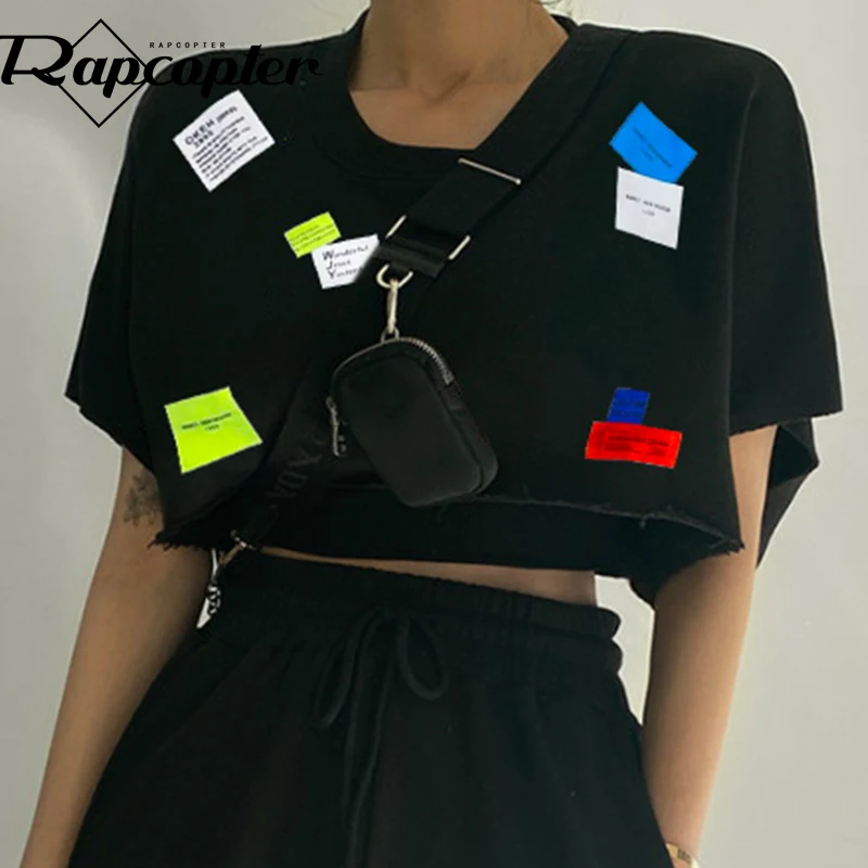 

Rapcopter Patchwork Crop Tops Short Sleeve Pullovers O Neck Loose Tshirt Women Harajuku Korean Style Tee Tops Streetwear 2021