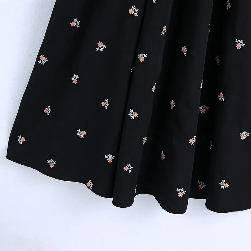 

Black color floral embroidered square collar three quarter sleeve women trendy summer casual dress