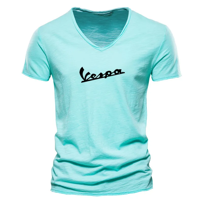 

2021 New men's V-neck VESPA car logo printing T-shirt bodybuilding spring and summer breathable short-sleeved shirt for men