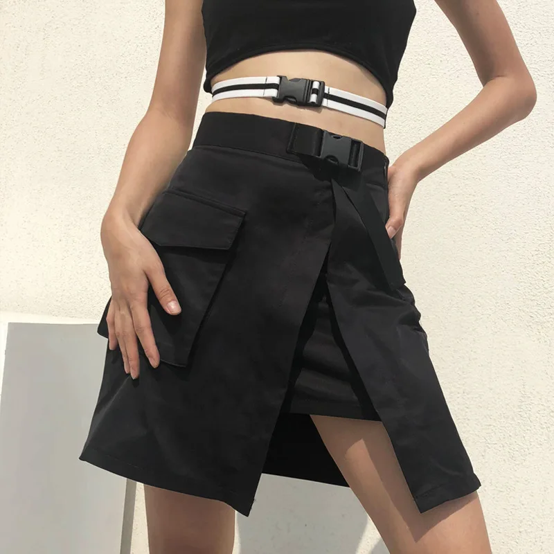 

Summer Women High Waist Gothic Black Harajuku Skirts Female Korean Fashion Skirts with Plastic Buckle Belt Hip Hop Streetwear