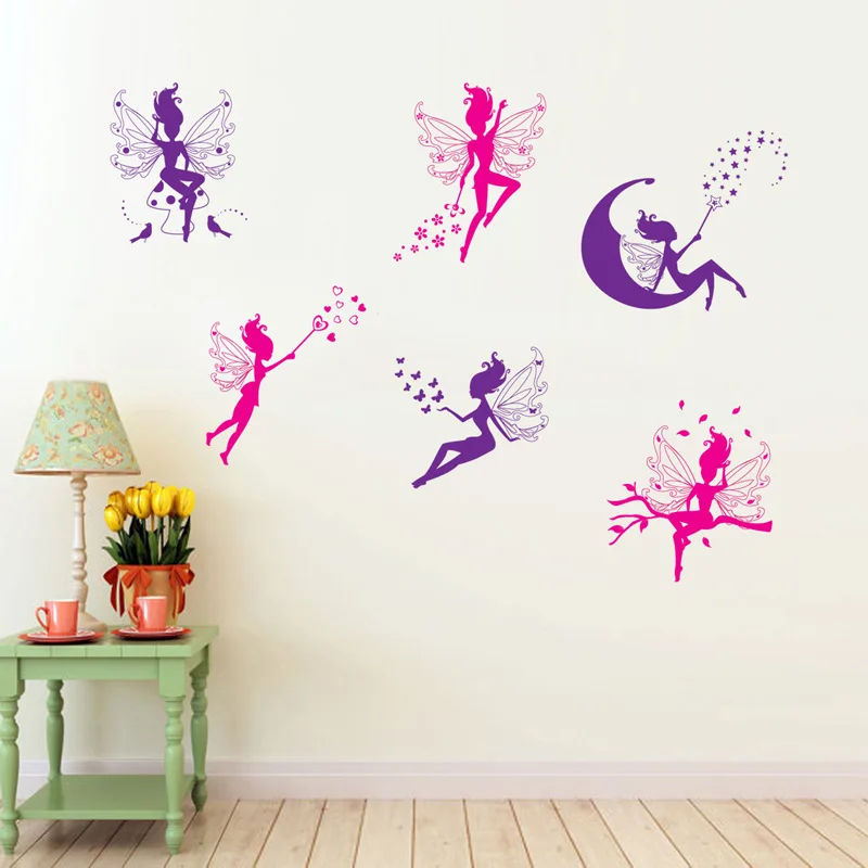 

Cartoon DIY Wall Sticker Maiden Bedroom Children's Room Kindergarten Cute Decal Mural Girl with Colorful Elf Wings Wallpaper