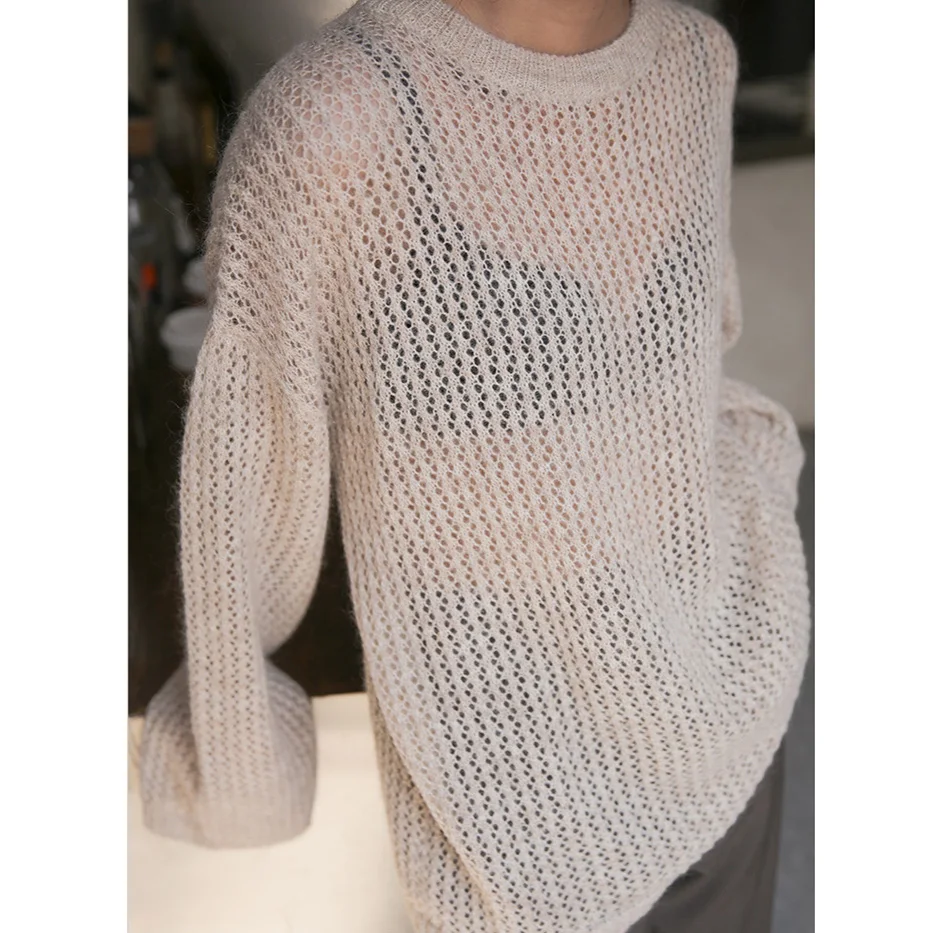 

Eyelet Crochet Knitted Tops See Through Wool Blended Crew Neck Pullovers Loose Fitted