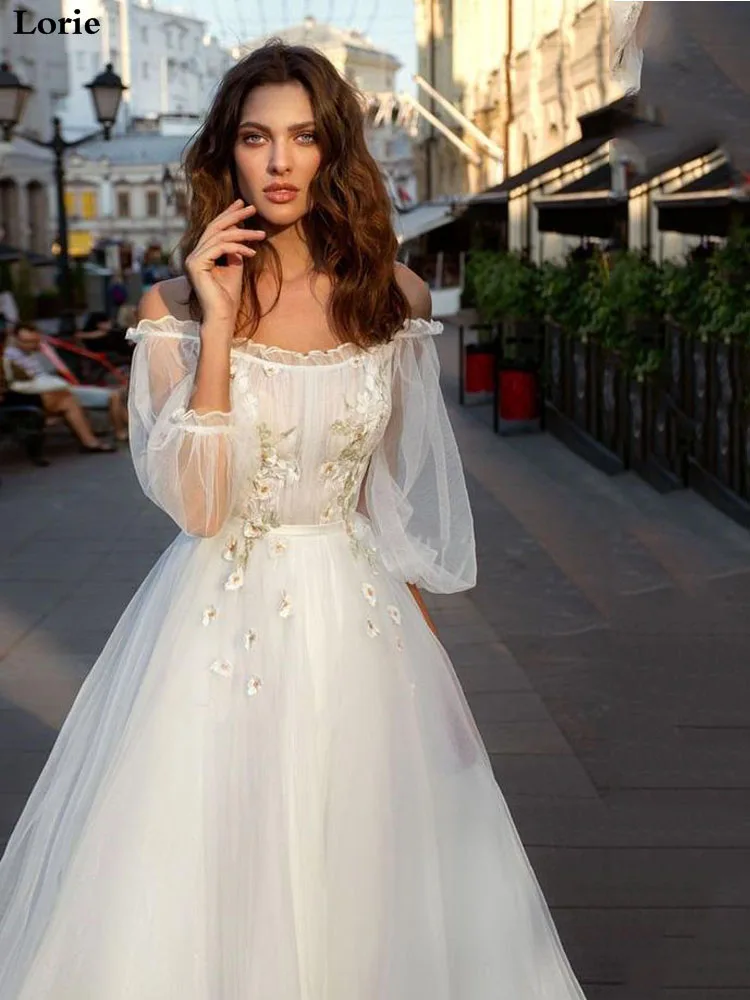 picture ivory color LORIE свадебное платье в стиле бохо с пышными рукавами винтажное свадебное платье 3d цветы с плеча свадебное платье длиной до пола - Цвет: picture ivory color