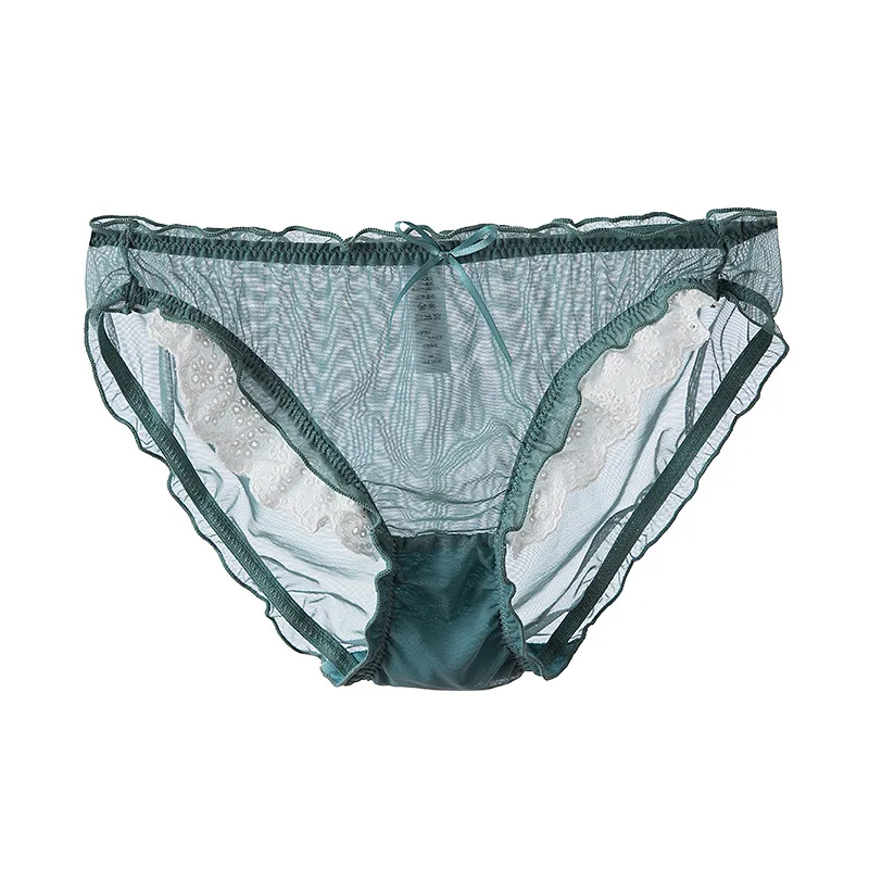 

New Product Japanese Light Net Gauze Sweet and Sexy Low-waist Lingerie Hollow Lace-trimmed Briefs Transparent Solid Color Mini