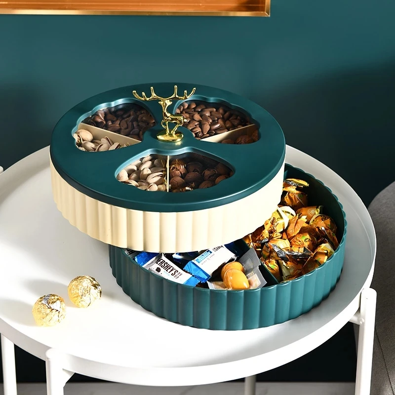 

Nordic Style Luxury Plastic Snack Serving Tray with Transparent Cover Household Dry Fruit Nuts Storage Box with Elk Handle