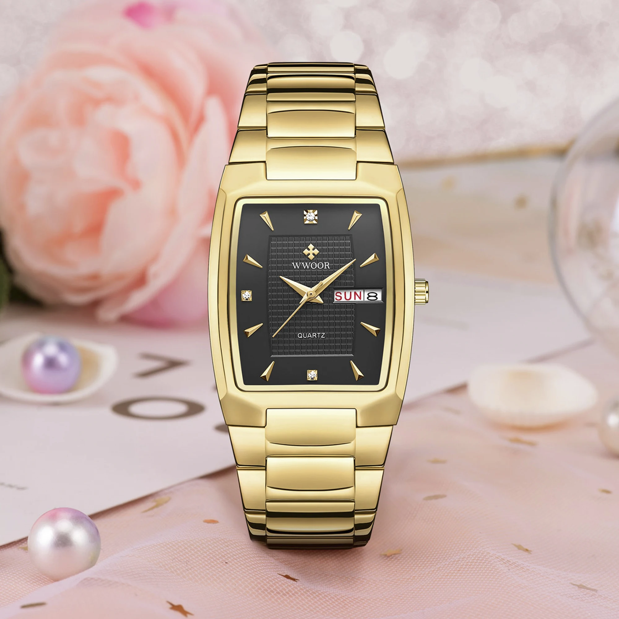 

Часы WWOOR женские кварцевые, роскошные Брендовые повседневные наручные, золотистые чёрные