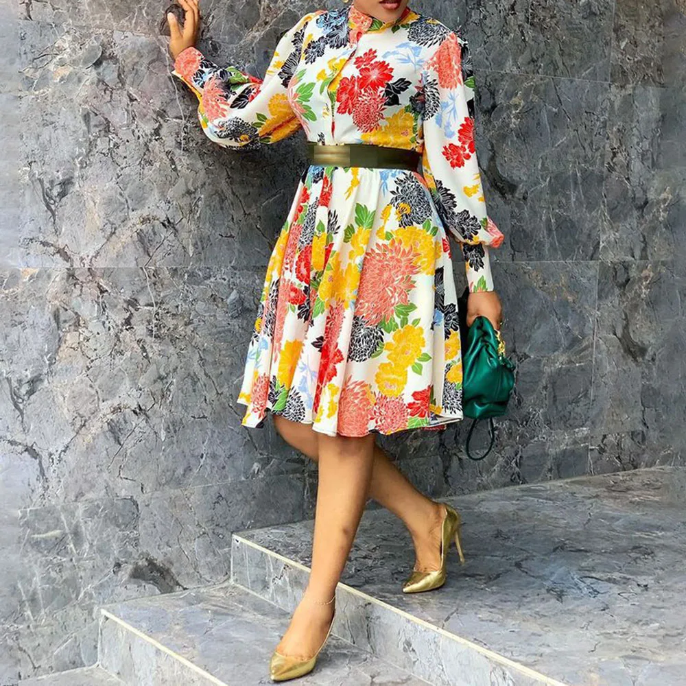 

New Women's Dress Medium Length Pullover Long Sleeve Print Slim African Dress Fashion Temperament Commute Long Sleeve