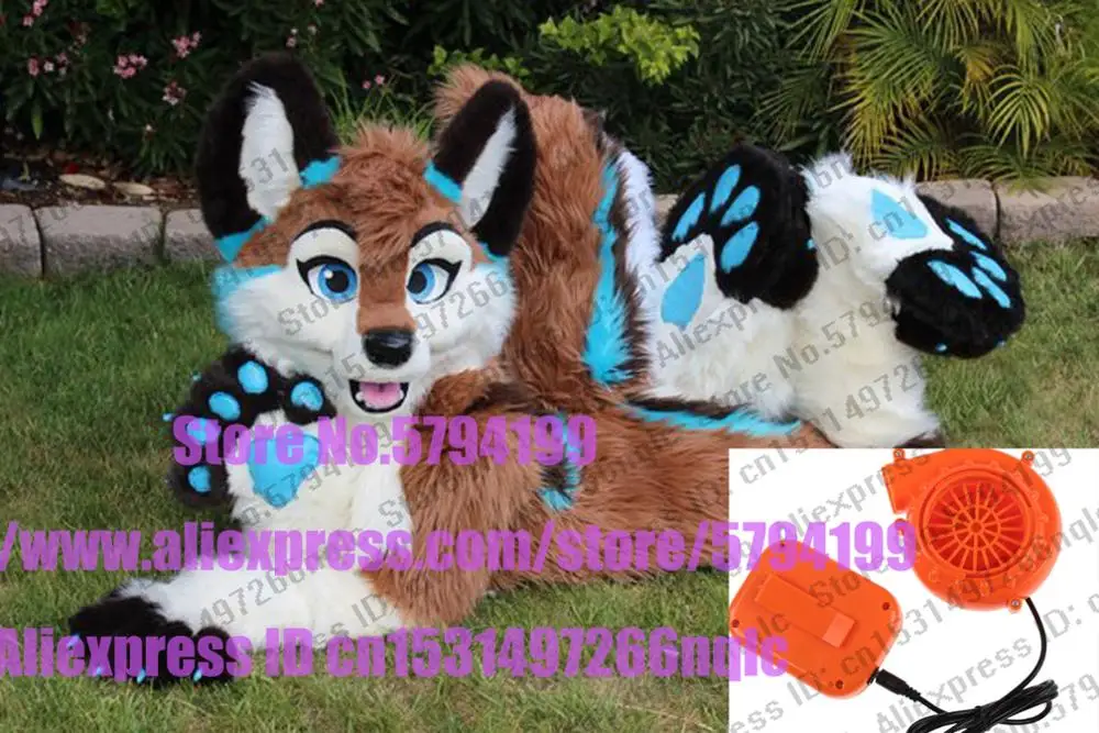 Коричневая синяя лиса хаски собака волк меховой костюм талисман пушистая лапа