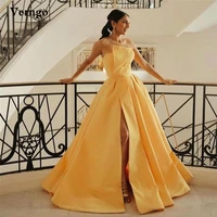 verngo simple yellow satin evening dresses strapless side slit pleats floor length prom gowns women formal party dress plus size