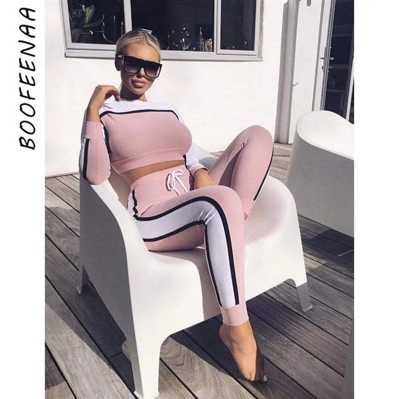 Розовый BOOFEENAA, осенне-зимний женский спортивный костюм, комплект из двух предметов, топ и штаны в полоску, цветные спортивные костюмы, сексуальный набор для бегунов C78-AE71 - Цвет: Розовый