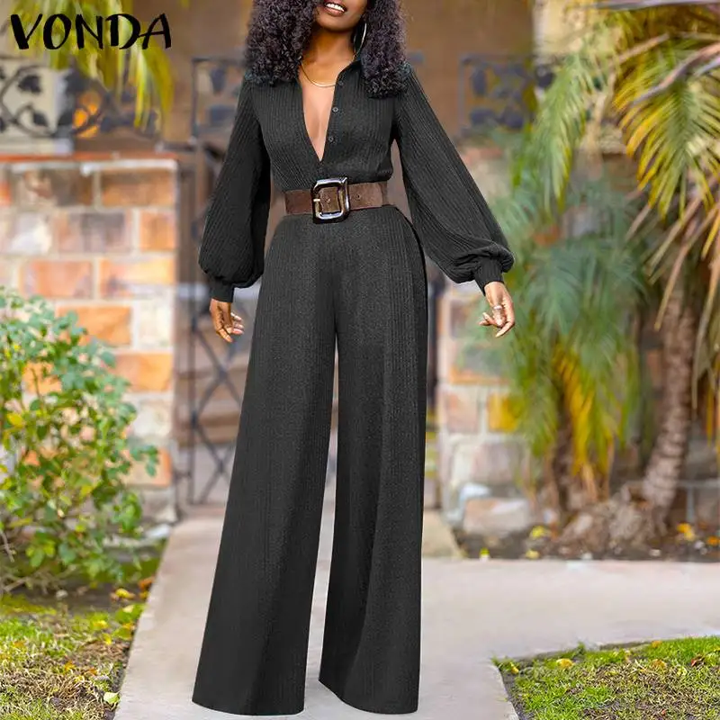 

VONDA Casual Wide Leg Overalls Autumn Rompers Dungaree Pantalones Ladies Sexy V Neck Long Puff Sleeve Elegant Jumpsuits Oversize