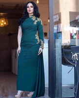 arabic dubai dark hunter straight evening dress high collar one sleeve appliques gold lace plus size mothers formal party wear