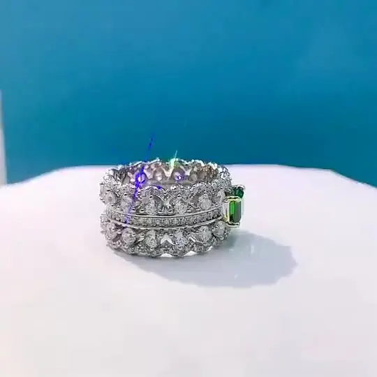 

New S925 Sterling Silver Ring Green Diamond Inlaid Luxury Geometric Double Row Full Diamond Ring Jewelry Female 5A Zircon