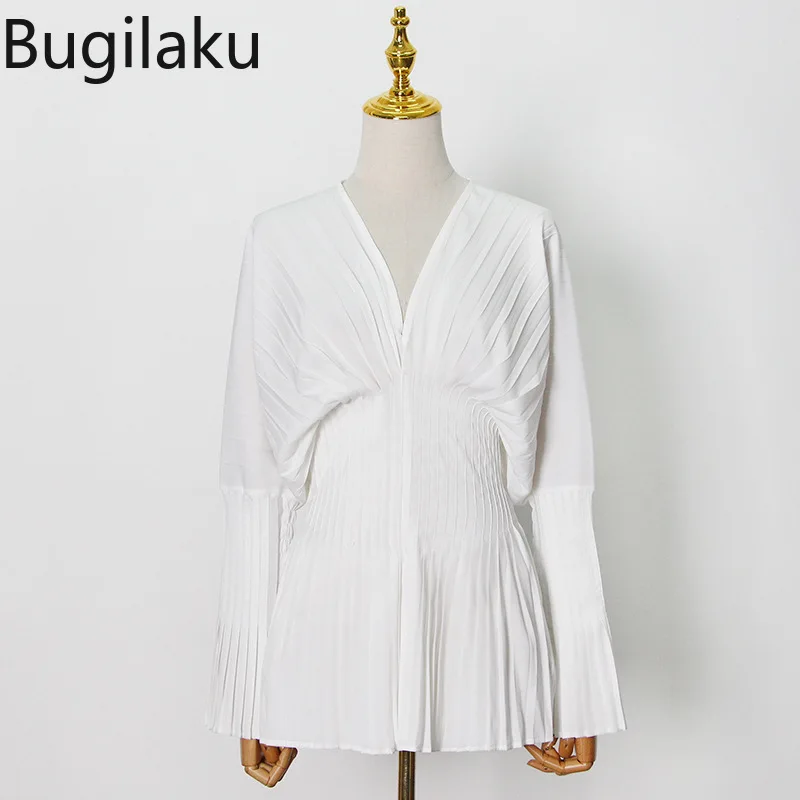 

Bugilaku High Street Long Flare Sleeve Shirts Women Single Breasted Slim Waist Blusas Mujer Fashion Abstract Printed Blouses