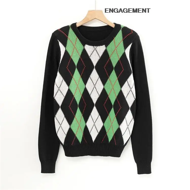 

ENGAGEMENT za 2021 female College color contrast plaid sweater women autumn winter Korean all-match knit top