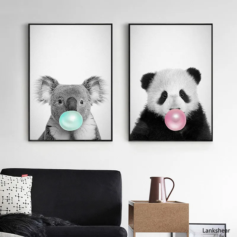 Жевательная резинка панда лошадь Животные Плакаты холст Картины Wall Art
