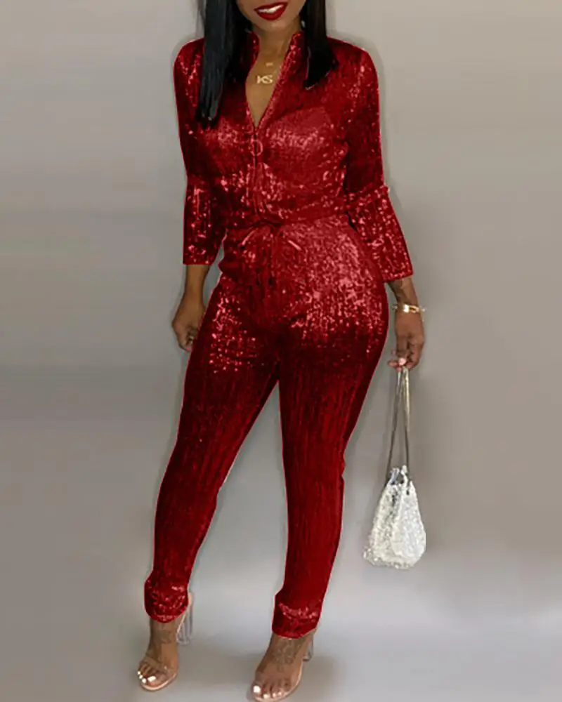 2020 Women Elegant Fashion Stylish Jumpsuits Female Long Sleeve Club Party Romper Sequins Zipped Design Tied Waist Jumpsuit