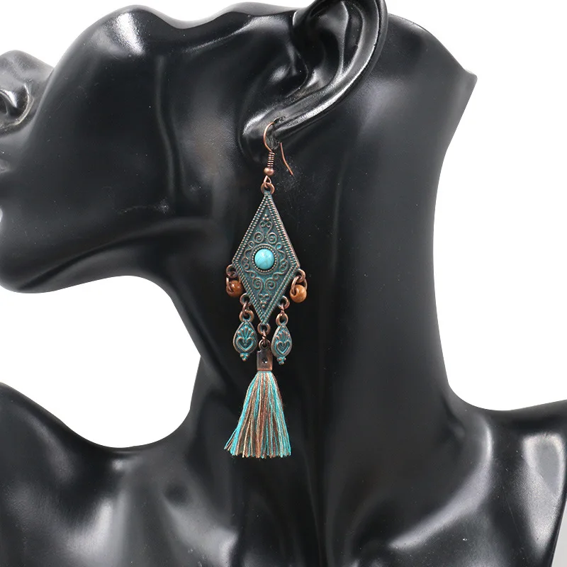 Бирюзовые серьги в геометрическом стиле с кисточками богемные Модные женские