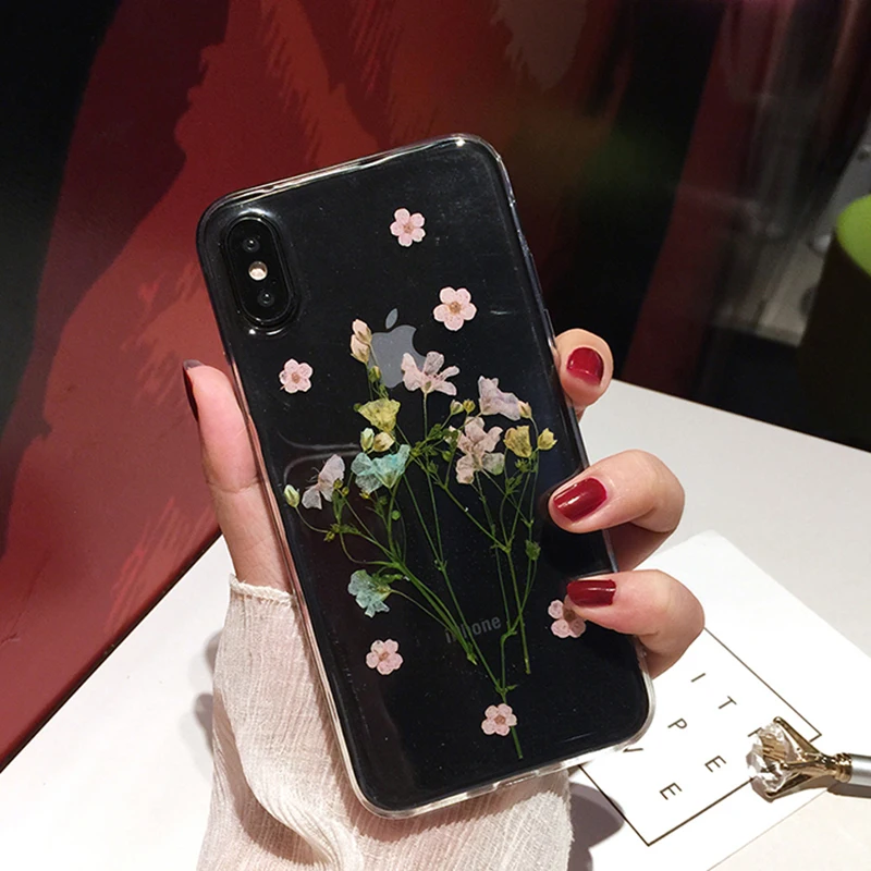 OnePlant настоящий высушенный чехлы с цветочным принтом для iPhone XS чехол для MAX XR ручная работа Прозрачная мягкая задняя крышка для iPhone 6 6S 7 8 Plus X чехол для телефона