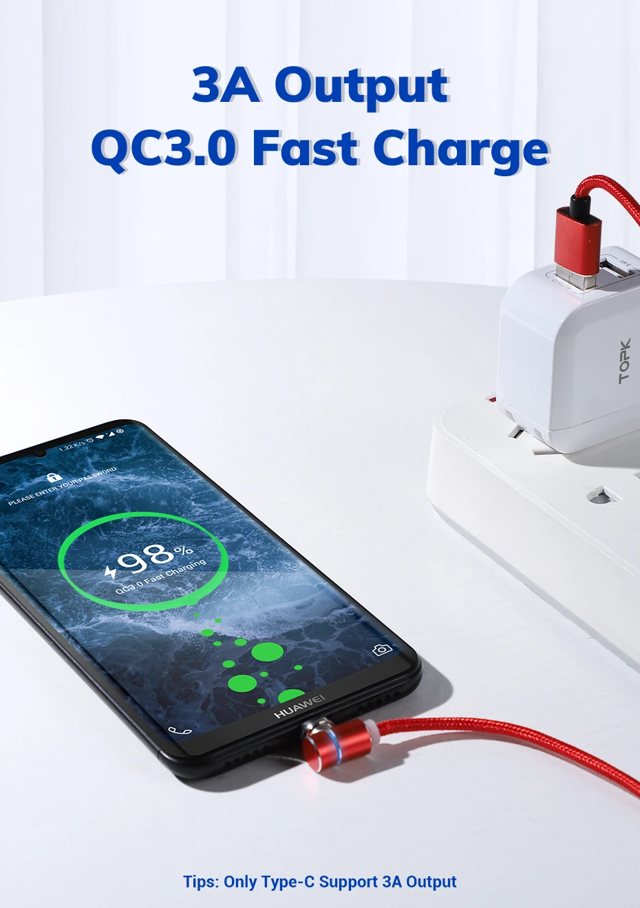 Магнитный usb-кабель TOPK 3A для быстрой зарядки, кабель USB type-C для iPhone, samsung, Xiaomi, huawei, кабель Micro usb типа L