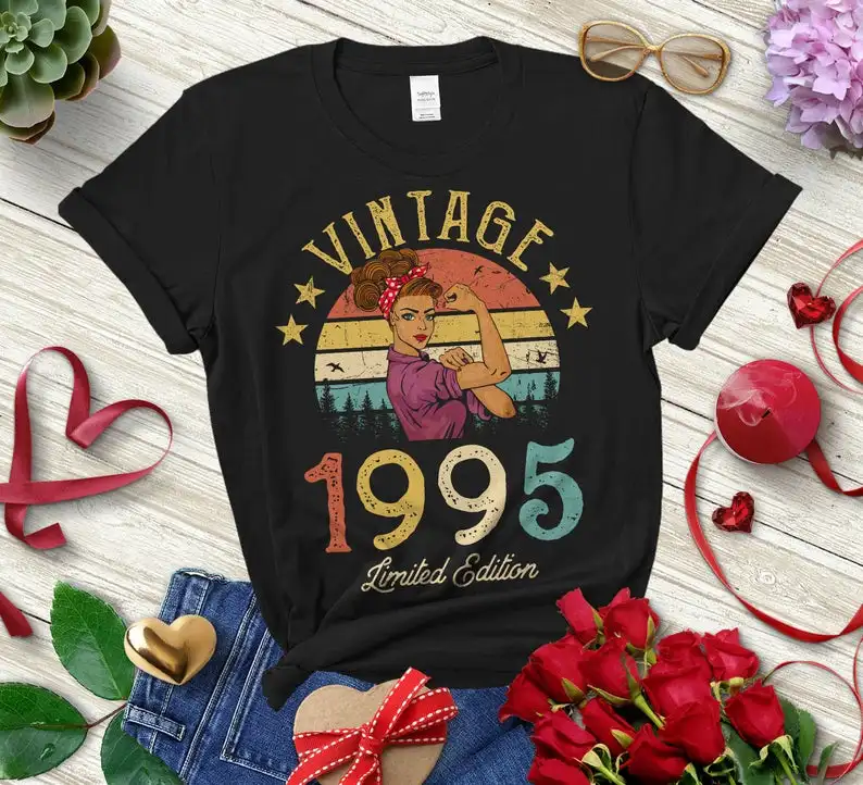 

Vintage 1995 Limited Edition Retro Womens T-Shirt Funny 26th Birthday Gift Fashion Party Harajuku Cotton Short Sleeve Top Tees