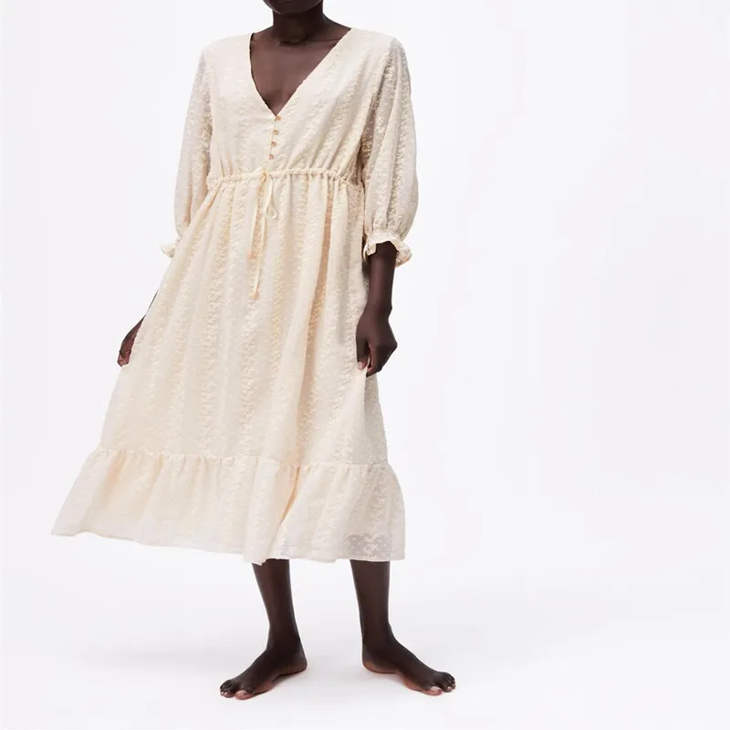 

ZA Summer New Women's Tulle MIDI V Collar Long Dress 00387