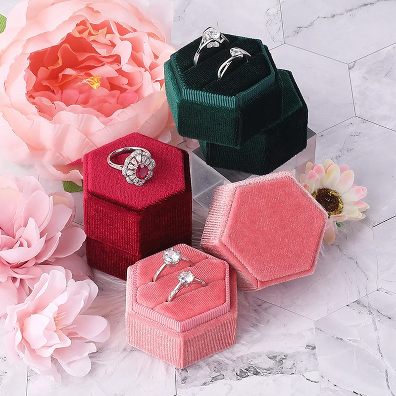

Hexagon Velvet Ring Box Double Ring Display Holder With Detachable Lid For Proposal Engagement Wedding Ceremony Jewelry Box
